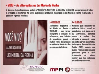 • 2019 – As alterações na Lei Maria da Penha
O Governo federal sancionou as Leis nº 13.836/19, 13.871/19, 13.880/19 e 13.882/19, que garantem direitos
e proteção às mulheres. As novas publicações produzem mudanças na Lei Maria da Penha (11.340/06) e
possuem vigência imediata.
Lei 13.836/19 Lei 13.871/19
Acrescenta dispositivo à
lei Maria da Penha –
11.340/06 – para tornar
obrigatória a inclusão de
informação, nos boletins
de ocorrência, quando a
mulher vítima de agressão
ou violência doméstica for
pessoa com deficiência.
Menciona que o causador da
violência física, sexual ou
psicológica, e do dano moral
ou patrimonial, cometido
contra à mulher, fica
obrigado a ressarcir todos
os gastos por ela suportados,
inclusive ao Sistema Único de
Saúde (SUS), quanto aos
custos relativos aos serviços
prestados para o total
tratamento da vítima,
mulher, que fora violentada
em ambiente doméstico.
 