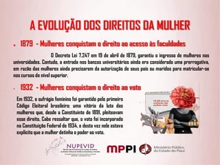 A EVOLUÇÃO DOS DIREITOS DA MULHER
● 1879 - Mulheres conquistam o direito ao acesso às faculdades
O Decreto Lei 7.247 em 19 de abril de 1879, garantiu o ingresso de mulheres nas
universidades. Contudo, a entrada nos bancos universitários ainda era considerado uma prerrogativa,
em razão das mulheres ainda precisarem da autorização de seus pais ou maridos para matricular-se
nos cursos de nível superior.
• 1932 - Mulheres conquistam o direito ao voto
Em 1932, o sufrágio feminino foi garantido pelo primeiro
Código Eleitoral brasileiro: uma vitória da luta das
mulheres que, desde a Constituinte de 1891, pleiteavam
esse direito. Cabe ressaltar que, o voto foi incorporado
na Constituição Federal de 1934, e desta vez nele estava
explicito que a mulher detinha o poder ao voto.
 