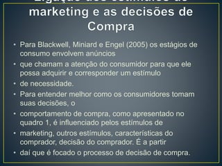 • Para Blackwell, Miniard e Engel (2005) os estágios de
consumo envolvem anúncios
• que chamam a atenção do consumidor para que ele
possa adquirir e corresponder um estímulo
• de necessidade.
• Para entender melhor como os consumidores tomam
suas decisões, o
• comportamento de compra, como apresentado no
quadro 1, é influenciado pelos estímulos de
• marketing, outros estímulos, características do
comprador, decisão do comprador. É a partir
• daí que é focado o processo de decisão de compra.
 