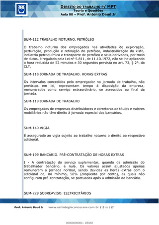 Prof. Antonio Daud Jr www.estrategiaconcursos.com.br 112 de 117
DIREITO DO TRABALHO P/ MPT
Teoria e Questões
Aula 00 Prof. Antonio Daud Jr
SUM-112 TRABALHO NOTURNO. PETRÓLEO
O trabalho noturno dos empregados nas atividades de exploração,
perfuração, produção e refinação do petróleo, industrialização do xisto,
indústria petroquímica e transporte de petróleo e seus derivados, por meio
de dutos, é regulado pela Lei nº 5.811, de 11.10.1972, não se lhe aplicando
a hora reduzida de 52 minutos e 30 segundos prevista no art. 73, § 2º, da
CLT.
SUM-118 JORNADA DE TRABALHO. HORAS EXTRAS
Os intervalos concedidos pelo empregador na jornada de trabalho, não
previstos em lei, representam tempo à disposição da empresa,
remunerados como serviço extraordinário, se acrescidos ao final da
jornada.
SUM-119 JORNADA DE TRABALHO
Os empregados de empresas distribuidoras e corretoras de títulos e valores
mobiliários não têm direito à jornada especial dos bancários.
SUM-140 VIGIA
É assegurado ao vigia sujeito ao trabalho noturno o direito ao respectivo
adicional.
SUM-199 BANCÁRIO. PRÉ-CONTRATAÇÃO DE HORAS EXTRAS
I - A contratação do serviço suplementar, quando da admissão do
trabalhador bancário, é nula. Os valores assim ajustados apenas
remuneram a jornada normal, sendo devidas as horas extras com o
adicional de, no mínimo, 50% (cinqüenta por cento), as quais não
configuram pré-contratação, se pactuadas após a admissão do bancário.
SUM-229 SOBREAVISO. ELETRICITÁRIOS
00000000000
00000000000 - DEMO
 