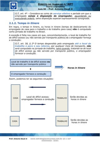 Prof. Antonio Daud Jr www.estrategiaconcursos.com.br 13 de 117
DIREITO DO TRABALHO P/ MPT
Teoria e Questões
Aula 00 Prof. Antonio Daud Jr
CLT, art. 4º - Considera-se como de serviço efetivo o período em que o
empregado esteja à disposição do empregador, aguardando ou
executando ordens, salvo disposição especial expressamente consignada.
2.1.2. Tempo in itinere
Em regra, o tempo in itinere, ou horas in itinere (tempo de deslocamento do
empregado de casa para o trabalho e do trabalho para casa) não é computado
como jornada de trabalho no Brasil.
A exceção é feita nos casos em que, concomitantemente, o local de trabalho for
de difícil acesso (ou não servido por transporte público) e o empregador forneça
a condução:
CLT, art. 58, § 2º O tempo despendido pelo empregado até o local de
trabalho e para o seu retorno, por qualquer meio de transporte, não
será computado na jornada de trabalho, salvo quando, tratando-se de local
de difícil acesso ou não servido por transporte público, o empregador
fornecer a condução.
Local de trabalho é de difícil acesso ou
não servido por transporte público
Horas in itinere
E
O empregador fornece a condução
Assim, podemos ter as seguintes situações:
CASA TRABALHO
Serão devidas as
horas in itinere
Local de difícil acesso;
empregador fornece a condução
CASA TRABALHO
Serão devidas as
horas in itinere
00000000000
00000000000 - DEMO
 