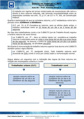 Prof. Antonio Daud Jr www.estrategiaconcursos.com.br 45 de 117
DIREITO DO TRABALHO P/ MPT
Teoria e Questões
Aula 00 Prof. Antonio Daud Jr
O trabalho em regime de turnos ininterruptos de revezamento não retira o
direito à hora noturna reduzida, não havendo incompatibilidade entre as
disposições contidas nos arts. 73, § 1º, da CLT e 7º, XIV, da Constituição
Federal.
Quanto à delimitação do que se considera noturno, a CLT estabeleceu como tal o
período entre 22h00min e 05h00min:
CLT, art. 73, § 2º Considera-se noturno, para os efeitos deste artigo, o
trabalho executado entre as 22 horas de um dia e as 5 horas do dia
seguinte.
No caso dos trabalhadores rurais a Lei 5.889/73 (Lei do Trabalho Rural) regulou
o horário noturno de outra forma:
Lei 5.889/73, art. 7º - Para os efeitos desta Lei, considera-se trabalho
noturno o executado entre as vinte e uma horas de um dia e as cinco horas
do dia seguinte, na lavoura, e entre as vinte horas de um dia e as quatro
horas do dia seguinte, na atividade pecuária.
No tocante à remuneração do trabalho noturno superior à do diurno a lei 5.889/73
também possui regra distinta:
Lei 5.889/73, art. 7º, parágrafo único. Todo trabalho noturno será
acrescido de 25% (vinte e cinco por cento) sobre a remuneração normal.
Segue abaixo um esquema com a indicação das regras da hora noturna em
relação aos empregados urbanos e rurais:
Trabalhador urbano (CLT) Trabalhador rural
Horário noturno entre as
22h00min de um dia e as
05h00min do dia seguinte
Horário noturno entre as
21h00min de um dia e as
05h00min do dia seguinte
(lavoura)
Horário noturno entre as
20h00min de um dia e as
04h00min do dia seguinte
(pecuária)
00000000000
00000000000 - DEMO
 