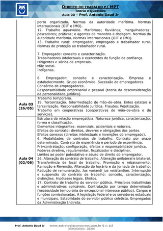 Prof. Antonio Daud Jr www.estrategiaconcursos.com.br 5 de 117
DIREITO DO TRABALHO P/ MPT
Teoria e Questões
Aula 00 Prof. Antonio Daud Jr
porto organizado. Normas da autoridade marítima. Normas
internacionais (OIT e IMO).
12. Trabalho aquaviário. Marítimos; fluviários; mergulhadores;
pescadores; práticos; e agentes de manobra e docagem. Normas da
autoridade marítima. Normas internacionais (OIT e IMO).
13. Trabalho rural: empregador, empregado e trabalhador rural.
Normas de proteção ao trabalhador rural.
7. Empregado: conceito e caracterização.
Trabalhadores intelectuais e exercentes de função de confiança.
Dirigentes e sócios de empresas.
Mãe social.
Indígenas.
8. Empregador: conceito e caracterização. Empresa e
estabelecimento. Grupo econômico. Sucessão de empregadores.
Consórcio de empregadores.
Responsabilidade empresarial e pessoal (teoria da desconsideração
da personalidade jurídica).
Aula 03
(26/05)
Trabalho temporário.
19. Terceirização. Intermediação de mão-de-obra. Entes estatais e
terceirização. Responsabilidade jurídica. Fraudes. Pejotização.
Trabalho em cooperativas (cooperativas de mão-de-obra e de
serviços).
Aula 04
(02/06)
Estrutura da relação empregatícia. Natureza jurídica, caracterização,
forma e classificação.
Elementos integrantes: essenciais, acidentais e naturais.
Efeitos do contrato: direitos, deveres e obrigações das partes.
Efeitos conexos (direitos intelectuais e invenções do empregado).
6. Modalidades de contratos de trabalho. Contrato por prazo
determinado. Contrato de experiência e período de experiência.
Pré-contratação: configuração, efeitos e responsabilidade jurídica.
Poderes diretivo, regulamentar, fiscalizador e disciplinar.
Limites ao poder potestativo e abuso de direito do empregador.
26. Alteração do contrato de trabalho. Alteração unilateral e bilateral.
Transferência de local de trabalho. Promoção e rebaixamento.
Remoção e Reversão. Alteração do horário e da jornada de trabalho.
Redução de remuneração. Jus variandi jus resistentiae. Interrupção
e suspensão do contrato de trabalho: conceito, caracterização,
distinções. Hipóteses legais. Efeitos.
17. Contrato de trabalho do servidor público. Princípios trabalhistas
e administrativos aplicáveis. Contratação por tempo determinado
(necessidade temporária de excepcional interesse público). Cargos e
funções comissionadas. A legislação federal e os servidores estaduais
e municipais. Estabilidade do servidor público celetista. Empregados
da Administração Indireta.
00000000000
00000000000 - DEMO
 