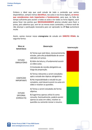 Embora o ideal seja que você estude de todo o conteúdo que vamos
disponibilizar, sempre iremos identificar, nas aulas e nos livros digitais, os temas
que consideramos mais importantes e fundamentais, para que, na falta de
tempo suficiente para assistir a todas as aulas e ler todos os livros digitais, você
possa focar nos pontos que NECESSARIAMENTE precisa estudar para fazer a
prova, pois sabemos que, sem ler ao menos esses conteúdos, a chance você de
não alcançar a pontuação necessária para ser aprovado na 1ª fase aumentará
muito
Assim, vamos marcar nosso cronograma de estudo em DIREITO PENAL da
seguinte forma:
NÍVEL DE
IMPORTÂNCIA
ORIENTAÇÃO
IDENTIFICAÇÃO
ESTUDO
OBRIGATÓRIO
A) Temas que você deve, necessariamente,
estudar, pela alta probabilidade de serem
cobrados em prova.
B) Além da leitura, é fundamental assistir
as vídeo-aulas.
C) Conteúdo de revisão obrigatória ao
longo da preparação.
CONTEÚDO
IMPORTANTE
A) Temas relevantes a serem estudados
após o estudo dos tópicos obrigatórios.
B) Na impossibilidade e estudá-los por
completo, você deverá assistir às aulas em
vídeo e resolver as questões.
ESTUDO
OPCIONAL
(CONSULTA)
A) Temas a serem estudados de forma
objetiva.
B) Sugerimos apenas utilizá-lo como
consulta. Eventualmente, poderá assistir
apenas às aulas em vídeo, resolver as
questões ou somente revisar o resumo.
Cristiano Rodrigues
Aula 00
Direito Penal p/ OAB 1ª Fase XXIX Exame
www.estrategiaconcursos.com.br
0
00000000000 - DEMO
 