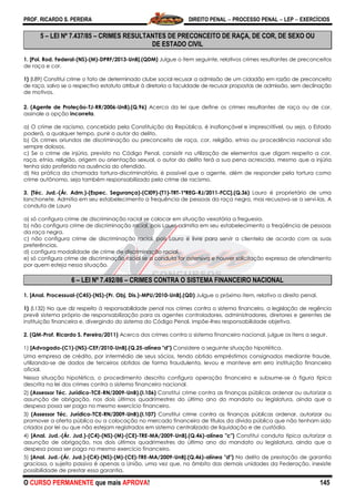 PROF. RICARDO S. PEREIRA DIREITO PENAL  PROCESSO PENAL  LEP  EXERCÍCIOS
O CURSO PERMANENTE que mais APROVA! 145
5 – LEI Nº 7.437/85 – CRIMES RESULTANTES DE PRECONCEITO DE RAÇA, DE COR, DE SEXO OU
DE ESTADO CIVIL
1. [Pol. Rod. Federal-(NS)-(M)-DPRF/2013-UnB].(QDM) Julgue o item seguinte, relativos crimes resultantes de preconceitos
de raça e cor.
1) (I.89) Constitui crime o fato de determinado clube social recusar a admissão de um cidadão em razão de preconceito
de raça, salvo se o respectivo estatuto atribuir à diretoria a faculdade de recusar propostas de admissão, sem declinação
de motivos.
2. (Agente de Proteção-TJ-RR/2006-UnB).(Q.96) Acerca da lei que define os crimes resultantes de raça ou de cor,
assinale a opção incorreta.
a) O crime de racismo, concebido pela Constituição da República, é inafiançável e imprescritível, ou seja, o Estado
poderá, a qualquer tempo, punir o autor do delito.
b) Os crimes oriundos de discriminação ou preconceito de raça, cor, religião, etnia ou procedência nacional são
sempre dolosos.
c) Se o crime de injúria, previsto no Código Penal, consistir na utilização de elementos que digam respeito a cor,
raça, etnia, religião, origem ou orientação sexual, o autor do delito terá a sua pena acrescida, mesmo que a injúria
tenha sido proferida na ausência do ofendido.
d) Na prática da chamada tortura-discriminatória, é possível que o agente, além de responder pela tortura como
crime autônomo, seja também responsabilizado pelo crime de racismo.
3. [Téc. Jud.-(Ár. Adm.)-(Espec. Segurança)-(CI09)-(T1)-TRT-1ªREG-RJ/2011-FCC].(Q.36) Lauro é proprietário de uma
lanchonete. Admitia em seu estabelecimento a frequência de pessoas da raça negra, mas recusava-se a servi-las. A
conduta de Lauro
a) só configura crime de discriminação racial se colocar em situação vexatória a freguesia.
b) não configura crime de discriminação racial, pois Lauro admitia em seu estabelecimento a freqüência de pessoas
da raça negra.
c) não configura crime de discriminação racial, pois Lauro é livre para servir a clientela de acordo com as suas
preferências.
d) configura modalidade de crime de discriminação racial.
e) só configura crime de discriminação racial se a conduta for ostensiva e houver solicitação expressa de atendimento
por quem esteja nessa situação.
6 – LEI Nº 7.492/86 – CRIMES CONTRA O SISTEMA FINANCEIRO NACIONAL
1. [Anal. Processual-(C45)-(NS)-(Pr. Obj. Dis.)-MPU/2010-UnB].(QD) Julgue o próximo item, relativo a direito penal.
1) (l.132) No que diz respeito à responsabilidade penal nos crimes contra o sistema financeiro, a legislação de regência
prevê sistema próprio de responsabilização para os agentes controladores, administradores, diretores e gerentes de
instituição financeira e, divergindo do sistema do Código Penal, impõe-lhes responsabilidade objetiva.
2. (QM-Prof. Ricardo S. Pereira/2011) Acerca dos crimes contra o sistema financeiro nacional, julgue os itens a seguir.
1) [Advogado-(C1)-(NS)-CEF/2010-UnB].(Q.25-alínea "d") Considere a seguinte situação hipotética.
Uma empresa de crédito, por intermédio de seus sócios, tendo obtido empréstimos consignados mediante fraude,
utilizando-se de dados de terceiros obtidos de forma fraudulenta, levou e manteve em erro instituição financeira
oficial.
Nessa situação hipotética, o procedimento descrito configura operação financeira e subsume-se à figura típica
descrita na lei dos crimes contra o sistema financeiro nacional.
2) (Assessor Téc. Jurídico-TCE-RN/2009-UnB).(I.106) Constitui crime contra as finanças públicas ordenar ou autorizar a
assunção de obrigação, nos dois últimos quadrimestres do último ano do mandato ou legislatura, ainda que a
despesa possa ser paga no mesmo exercício financeiro.
3) (Assessor Téc. Jurídico-TCE-RN/2009-UnB).(I.107) Constitui crime contra as finanças públicas ordenar, autorizar ou
promover a oferta pública ou a colocação no mercado financeiro de títulos da dívida pública que não tenham sido
criados por lei ou que não estejam registrados em sistema centralizado de liquidação e de custódia.
4) [Anal. Jud.-(Ár. Jud.)-(C4)-(NS)-(M)-(CE)-TRE-MA/2009-UnB].(Q.46)-alínea "c") Constitui conduta típica autorizar a
assunção de obrigação, nos dois últimos quadrimestres do último ano do mandato ou legislatura, ainda que a
despesa possa ser paga no mesmo exercício financeiro.
5) [Anal. Jud.-(Ár. Jud.)-(C4)-(NS)-(M)-(CE)-TRE-MA/2009-UnB].(Q.46)-alínea "d") No delito de prestação de garantia
graciosa, o sujeito passivo é apenas a União, uma vez que, no âmbito das demais unidades da Federação, inexiste
possibilidade de prestar essa garantia.
 
