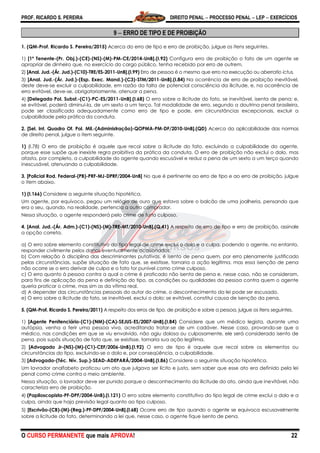 PROF. RICARDO S. PEREIRA DIREITO PENAL  PROCESSO PENAL  LEP  EXERCÍCIOS
O CURSO PERMANENTE que mais APROVA! 22
9  ERRO DE TIPO E DE PROIBIÇÃO
1. (QM-Prof. Ricardo S. Pereira/2015) Acerca do erro de tipo e erro de proibição, julgue os itens seguintes.
1) [1º Tenente-(Pr. Obj.)-(CE)-(NS)-(M)-PM-CE/2014-UnB].(I.92) Configura erro de proibição o fato de um agente se
apropriar de dinheiro que, no exercício do cargo público, tenha recebido por erro de outrem.
2) [Anal. Jud.-(Ár. Jud.)-(C10)-TRE/ES-2011-UnB].(I.99) Erro de pessoa é o mesmo que erro na execução ou aberratio ictus.
3) [Anal. Jud.-(Ár. Jud.)-(Esp. Exec. Mand.)-(C3)-STM/2011-UnB].(I.84) Na ocorrência de erro de proibição inevitável,
deste deve-se excluir a culpabilidade, em razão da falta de potencial consciência da ilicitude, e, na ocorrência de
erro evitável, deve-se, obrigatoriamente, atenuar a pena.
4) [Delegado Pol. Subst.-(C1)-PC-ES/2011-UnB].(I.68) O erro sobre a ilicitude do fato, se inevitável, isenta de pena; e,
se evitável, poderá diminuí-la, de um sexto a um terço. Tal modalidade de erro, segundo a doutrina penal brasileira,
pode ser classificada adequadamente como erro de tipo e pode, em circunstâncias excepcionais, excluir a
culpabilidade pela prática da conduta.
2. [Sel. Int. Quadro Of. Pol. Mil.-(Administração)-QOPMA-PM-DF/2010-UnB].(QD) Acerca da aplicabilidade das normas
de direito penal, julgue o item seguinte.
1) (I.78) O erro de proibição é aquele que recai sobre a ilicitude do fato, excluindo a culpabilidade do agente,
porque esse supõe que inexiste regra proibitiva da prática da conduta. O erro de proibição não exclui o dolo, mas
afasta, por completo, a culpabilidade do agente quando escusável e reduz a pena de um sexto a um terço quando
inescusável, atenuando a culpabilidade.
3. [Policial Rod. Federal-(PB)-PRF-MJ-DPRF/2004-UnB] No que é pertinente ao erro de tipo e ao erro de proibição, julgue
o item abaixo.
1) (I.166) Considere a seguinte situação hipotética.
Um agente, por equívoco, pegou um relógio de ouro que estava sobre o balcão de uma joalheria, pensando que
era o seu, quando, na realidade, pertencia a outro comprador.
Nessa situação, o agente responderá pelo crime de furto culposo.
4. [Anal. Jud.-(Ár. Adm.)-(C1)-(NS)-(M)-TRE-MT/2010-UnB].(Q.41) A respeito de erro de tipo e erro de proibição, assinale
a opção correta.
a) O erro sobre elemento constitutivo do tipo legal de crime exclui o dolo e a culpa, podendo o agente, no entanto,
responder civilmente pelos danos eventualmente ocasionados.
b) Com relação à disciplina das descriminantes putativas, é isento de pena quem, por erro plenamente justificado
pelas circunstâncias, supõe situação de fato que, se existisse, tornaria a ação legítima, mas essa isenção de pena
não ocorre se o erro derivar de culpa e o fato for punível como crime culposo.
c) O erro quanto à pessoa contra a qual o crime é praticado não isenta de pena e, nesse caso, não se consideram,
para fins de aplicação da pena e definição do tipo, as condições ou qualidades da pessoa contra quem o agente
queria praticar o crime, mas sim as da vítima real.
d) A depender das circunstâncias pessoais do autor do crime, o desconhecimento da lei pode ser escusado.
e) O erro sobre a ilicitude do fato, se inevitável, exclui o dolo; se evitável, constitui causa de isenção da pena.
5. (QM-Prof. Ricardo S. Pereira/2011) A respeito dos erros de tipo, de proibição e sobre a pessoa, julgue os itens seguintes.
1) [Agente Penitenciário-(C1)-(NM)-(CA)-SEJUS-ES/2007-UnB].(I.84) Considere que um médico legista, durante uma
autópsia, venha a ferir uma pessoa viva, acreditando tratar-se de um cadáver. Nesse caso, provando-se que o
médico, nas condições em que se viu envolvido, não agiu dolosa ou culposamente, ele será considerado isento de
pena, pois supôs situação de fato que, se existisse, tornaria sua ação legítima.
2) [Advogado Jr-(NS)-(M)-(C1)-CEF/2006-UnB).(I.92) O erro de tipo é aquele que recai sobre os elementos ou
circunstâncias do tipo, excluindo-se o dolo e, por conseqüência, a culpabilidade.
3) [Advogado-(Téc. Nív. Sup.)-SEAD-ADEPARÁ/2004-UnB].(I.86) Considere a seguinte situação hipotética.
Um lavrador analfabeto praticou um ato que julgava ser lícito e justo, sem saber que esse ato era definido pela lei
penal como crime contra o meio ambiente.
Nessa situação, o lavrador deve ser punido porque o desconhecimento da ilicitude do ato, ainda que inevitável, não
caracteriza erro de proibição.
4) (Papiloscopista-PF-DPF/2004-UnB).(I.121) O erro sobre elemento constitutivo do tipo legal de crime exclui o dolo e a
culpa, ainda que haja previsão legal quanto ao tipo culposo.
5) [Escrivão-(CB)-(M)-(Reg.)-PF-DPF/2004-UnB].(I.68) Ocorre erro de tipo quando o agente se equivoca escusavelmente
sobre a licitude do fato, determinando a lei que, nesse caso, o agente fique isento de pena.
 