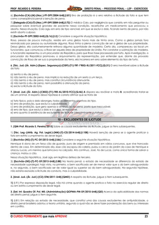 PROF. RICARDO S. PEREIRA DIREITO PENAL  PROCESSO PENAL  LEP  EXERCÍCIOS
O CURSO PERMANENTE que mais APROVA! 23
6) [Escrivão-(CA)-(M)-(Nac.)-PF-DPF/2004-UnB].(I.81) Erro de proibição é o erro relativo a ilicitude do fato e que tem
como conseqüência penal a isenção de pena.
7) [Delegado-(CA)-(T)-(Nac.)-PF-DPF/2004-UnB].(I.72) O médico Caio, por negligência que consistiu em não perguntar ou
pesquisar sobre eventual gravidez de paciente nessa condição, receita-lhe um medicamento que provocou o
aborto. Nessa situação, Caio agiu em erro de tipo vencível, em que se exclui o dolo, ficando isento de pena, por não
existir aborto culposo.
8) (Escrivão-PF-DPF/2002-UnB).(Q.16).(I.5) Considere a seguinte situação hipotética.
Rosa, pessoa de pouca instrução, residia em uma gleba havia mais de trinta anos. Como a gleba jamais fora
reivindicada por pessoa ou autoridade alguma, Rosa tinha a plena convicção de ser a gleba de sua propriedade.
Dessa gleba, ela costumeiramente retirava alguma quantidade de madeira. Certo dia, compareceu ao local um
funcionário, que comunicou a Rosa ser aquela área de propriedade da União. Por constatar a subtração da madeira,
o funcionário representou a um procurador da República, para que Rosa fosse processada por furto. Após investigação, o
procurador da República promoveu o arquivamento da representação, por entender que, diante da provada
convicção de Rosa de ser sua a propriedade da terra, ela incorrera em erro sobre elemento do tipo de furto.
6. [Téc. Jud.-(Ár. Adm.)-(Espec. Segurança)-(CI09)-(T1)-TRT-1ªREG-RJ/2011-FCC].(Q.31) O erro inevitável sobre a ilicitude
do fato
a) isenta o réu de pena.
b) não isenta o réu de pena, mas implica na redução de um sexto a um terço.
c) não isenta o réu de pena, mas constitui circunstância atenuante.
d) não isenta o réu de pena, nem possibilita a atenuação da pena.
e) exclui a ilicitude do fato.
7. [Anal. Jud.-(Ár. Adm.)-(CB02)-(T1)-TRE-AL/2010-FCC].(Q.46) A dispara seu revólver e mata B, acreditando tratar-se
de um animal. A respeito dessa hipótese é correto afirmar que se trata de
a) fato típico, pois o dolo abrangeu todos os elementos objetivos do tipo.
b) erro de proibição, que exclui a culpabilidade.
c) erro de proibição, que gera apenas a diminuição da pena, posto que inescusável.
d) erro de tipo, que exclui o dolo e a culpa, se escusável.
e) erro quanto à existência de excludente de ilicitude (descriminante putativa).
10  EXCLUDENTES DE ILICITUDE
1. (QM-Prof. Ricardo S. Pereira/2015) Sobre as causas excludentes da ilicitude, julgue os itens subsequentes.
1) [Téc. Leg.-(Atrib. Ag. Pol. Legisl.)-(NM)-(T)-CD/2014-UnB].(I.108) Haverá isenção de pena se o agente praticar o
fato em estrito cumprimento de dever legal.
2) [Escrivão-(NS)-(T)-PC-DF/2013-UnB].(I.86) Considere a seguinte situação hipotética.
Henrique é dono de um feroz cão de guarda, puro de origem e premiado em vários concursos, que vive trancado
dentro de casa. Em determinado dia, esse cão escapou da coleira, pulou a cerca do jardim da casa de Henrique e
atacou Lucas, um menino que brincava na calçada. Ato contínuo, José, tio de Lucas, como única forma de salvar a
criança, matou o cão.
Nessa situação hipotética, José agiu em legítima defesa de terceiro.
3) [Escrivão-(NS)-(T)-PC-DF/2013-UnB].(I.88) Na teoria penal, o estado de necessidade se diferencia do estado de
necessidade supralegal, haja vista, no primeiro, o bem sacrificado ser de menor valor que o do bem salvaguardado
e, no segundo, o bem sacrificado ser de valor igual ou superior ao do bem salvaguardado. Na segunda hipótese,
não estaria excluída a ilicitude da conduta, mas a culpabilidade.
2. [Anal. Jud.-(Ár. Jud.)-(C2)-STM/2011-UnB].(QMD) A respeito da ilicitude, julgue o item subsequente.
1) (I.91) Por expressa disposição legal, não há crime quando o agente pratica o fato no exercício regular de direito
ou em estrito cumprimento de dever legal.
3. [Sel. Int. Quadro Of. Pol. Mil.-(Administração)-QOPMA-PM-DF/2010-UnB].(QD) Acerca da aplicabilidade das normas
de direito penal, julgue o item seguinte.
1) (I.81) Em relação ao estado de necessidade, que constitui uma das causas excludentes de antijuridicidade, o
direito penal brasileiro adotou a teoria unitária, segundo a qual não se deve fazer ponderação dos bens ou interesses
em conflito.
 