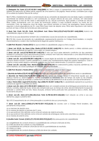 PROF. RICARDO S. PEREIRA DIREITO PENAL  PROCESSO PENAL  LEP  EXERCÍCIOS
O CURSO PERMANENTE que mais APROVA! 28
2. [Delegado Pol. Subst.-(C1)-PC-ES/2011-UnB].(QMD) No item a seguir, é apresentada uma situação hipotética a
respeito da aplicação do direito penal, seguida de uma assertiva a ser julgada. Nesse sentido, considere que a sigla
STJ se refere ao Superior Tribunal de Justiça.
1) (I.71) Plínio, imediatamente após a comemoração de seu aniversário de dezessete anos de idade, ingeriu considerável
quantidade de bebida alcoólica e, sem autorização, ou sequer ciência de seus pais, conduziu, em velocidade
correspondente a mais de três vezes a velocidade da via, veículo automotor. Após perder o controle do veículo,
Plínio colidiu frontalmente com um poste de iluminação pública, e esse incidente resultou na morte de sua
namorada, Cida, de dezenove anos de idade, que estava sentada no banco de passageiros. Nessa situação,
segundo a atual jurisprudência do STJ, caso Plínio fosse maior de dezoito anos, Plínio seria imputável e até mesmo
punível, em tese, a título de homicídio por dolo eventual.
3. [Aud. Fed. Contr. Ext.-(Ár. Contr. Ext.)-(Orient. Aud. Obras Públ.)-(C2)-(P1e3)-TCU/2011-UnB].(QDM) Acerca da
culpabilidade, julgue os itens a seguir.
1) (I.72) As escusas absolutórias também são consideradas causas de exclusão da culpabilidade.
2) (I.73) São causas de exclusão da culpabilidade, expressamente previstas no Código Penal brasileiro, a coação
moral irresistível e a ordem não manifestamente ilegal de superior hierárquico.
4. (QM-Prof. Ricardo S. Pereira/2012) No que se refere à culpabilidade, julgue os itens a seguir.
1) [Anal. Jud. 02-(Ár. Ap. Espec.)-(Esp. Direito.)-(C10)-TJ-ES/2011-UnB].(I.95) No direito penal, o critério adotado para
aferir a inimputabilidade do agente, como regra, é o biopsicológico.
2) [Anal. Jud.-(Ár. Jud.)-(C10)-TRE/ES-2011-UnB].(I.96) O erro que recai sobre elemento constitutivo do tipo permissivo
também é conhecido como descriminante putativa, embora nem todo erro relacionado a uma descriminante seja
erro sobre elemento constitutivo do tipo permissivo.
3) [Anal. Jud.-(Ár. Jud.)-(C2)-STM/2011-UnB].(I.90) As causas legais de exclusão da culpabilidade por inexigibilidade de
conduta diversa incluem a estrita obediência a ordem não manifestamente ilegal de superior hierárquico. Caso o
agente cumpra ordem ilegal ou extrapole os limites que lhe foram determinados, a conduta é culpável.
4) [Anal. Jud.-(Ár. Jud.)-(Esp. Exec. Mand.)-(C3)-STM/2011-UnB].(I.81) No ordenamento jurídico nacional, admitem-se, de
forma expressa, as causas supralegais de exclusão de antijuridicidade.
5. (QM-Prof. Ricardo S. Pereira/2012) Ainda sobre a culpabilidade, julgue os itens a seguir.
1) [Escrivão de Polícia-(C2)-PC-ES/2011-UnB].(I.72) A falta de consciência da ilicitude, se inevitável, exclui a culpabilidade.
2) [Escrivão de Polícia-(C2)-PC-ES/2011-UnB].(I.76) Nos termos do Código Penal, é inimputável aquele que, por
doença mental ou desenvolvimento mental incompleto ou retardado, era, ao tempo da ação ou da omissão,
inteiramente incapaz de entender o caráter ilícito do fato ou de determinar-se de acordo com esse entendimento.
3) [Aux. Perícia Méd. Legal-(C9)-(Conhec. Esp.)-(NM)-PC-ES/2011-UnB].(I.74) A culpabilidade apresenta-se quando a
conduta do agente é contrária ao direito.
4) [Anal. Jud.-(Ár. Adm.)-(C1)-TRE-ES/2011-UnB].(I.61) Abel, em completo estado de embriaguez proveniente de caso
fortuito, cometeu delito de roubo, tendo sido comprovado que, ao tempo do crime, ele era inteiramente incapaz de
entender o caráter ilícito do fato. Nessa situação, embora tenha praticado fato penalmente típico e ilícito, Abel
ficará isento de pena.
6. [Anal. Jud.-(Ár. Adm.)-(C1)-(NS)-(M)-(Cad. Parte II)-TRE-BA/2010-UnB].(QD) Com relação ao crime e aos seus
elementos, julgue o próximo item.
1) (I.107) O exaurimento de um crime pressupõe a ocorrência de sua consumação.
7. [Anal. Jud.-(Ár. Adm.)-(CB02)-(T1)-TRE-TO/2011-FCC].(Q.53) De acordo com o Código Penal brasileiro, são
penalmente inimputáveis:
a) os menores de dezoito anos.
b) os maiores de dezoito e menores de 21 anos.
c) os que praticam fato definido como crime em estado de violenta emoção.
d) os que praticam fato definido como crime em estado de embriaguez, sendo esta voluntária ou culposa.
e) os maiores de setenta anos.
8. [Auditor Subst. Consel.-(CA01)-(T1)-TCE-RO/2010-FCC].(Q.47) São pressupostos da culpabilidade
a) a exigibilidade de conduta diversa e a possibilidade de conhecer a ilicitude do fato.
b) a falta de dever de cuidado e a imputabilidade.
c) a possibilidade de conhecer a ilicitude do fato e a previsibilidade do resultado.
d) o dolo e a culpa.
e) a exigibilidade de conduta diversa e a falta de dever de cuidado.
 