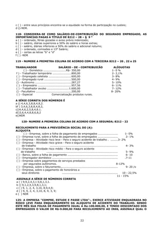 c ( ) - entre seus princípios encontra-se a equidade na forma de participação no custeio;
d ()-NDR.
118- CONSIDERA-SE COMO SALÁRIO-DE-CONTRIBUIÇÃO DO SEGURADO EMPREGADO, AS
IMPORTÀNCIAS PAGAS A TÍTULO DE 8212 – 28 – § 9 °
a ( ) - ordenado, férias gozadas e aviso prévio indenizado;
b ( ) - salário, diárias superiores a 50% do salário e horas extras;
c ( ) - salário, diárias inferiores a 50% do salário e adicional notumo;
d ( ) - ordenado, comissões e 13° Salário;
e ( ) - certas as letras "b" e "d"
f ( ) -NDR
119 - NUMERE A PRIMETRA COLUNA DE ACORDO COM A TERCEIRA 8212 – 20 , 22 e 25
TRABALHADOR SALÁRIO - DE - CONTRIBUICÃO ALÍOUOTAS
( ) - Doméstico ........................R$- 350,00 1- 0 %
f ) - Trabalhador temporário ....................800,00 2- 2,1%
( ) - Empregado celetista .........................600,00 3- 8%
( ) - Empregado rural .............................500,00 4- 9%
() - Autónomo .......................................287,27 5- 10%
( } - Empresário ....................................957,56 6- 11%
( ) - Trabalhador avulso ........................1.600,00 7- 12%
() - Facultativo ......................................200,00 8- 20%
( ) - Especial Comercialização produtos rurais.
A SÉRIE CORRETA DOS NÚMEROS É
a () 4,4,6,3,8,8,4,8,2.
bf ) 3,4,6,3,8,8,4,8,2,
c()4,4,6,2,5,8,4,8.1.
d()3,6,4,4,8,8,6,8,2
e()NDR
120- NUMERE A PRIMEIRA COLUNA DE ACORDO COM A SEGUNDA; 8212 - 22
RECOLHIMENTO PARA A PREVIDÊNCIA SOCIAL DO (A):
ALIQUOTA
( ) - Empresa, sobre a folha de pagamento de empregados ..................... 1- 0%
( ) - Empresa rural, sobre a folha de pagamento de empregados ...................... 2- 1%
( ) - Empresa - Atividade risco leve - Para o seguro acidente de trabalho . ........3- 2%
( ) - Empresa - Atividade risco grave - Para o seguro acidente
de trabalho .......................................................................... 4- 3%
( ) - Empresa - Atividade risco médio - Para o seguro acidente
de trabalho .............................................................................. 5- 9%
( ) - Banco, sobre a folha de pagamento ....................................................... 6- 10
( ) - Empregador doméstico ........................................................................ .7-11
( ) - Empresa sobre pagamentos de serviços prestados
por segurados autônomos. 8-12%
( ) - Empresa, sobre o faturamento.,............................................................. 9- 20 /o
( ) - Empresa, sobre o pagamento de honorários a
seus diretores ............................................................. 10 - 22,5%
11 - 15%
ASSINALE A SÉRIE DE NÚMEROS CORRETA
a ( ) 9,9,2,4,3,1 0,8,1,3,1.
b () 9,1,2,4,3,9,8,1,3,1;
c ( ) 9, 1, 2, 4, 3,10, 8,9,4,9;
d ( ) 9, 9, 2, 4, 3,10, 8, 9, 3, 9;
e ( ) NDR
125- A EMPRESA "COMPRE, ESTUDE E PASSE LTDA"-, EXERCE ATIVIDADE ENQUADRADA NO
RISCO LEVE PARA ENQUADRAMENTO DA ALIQUOTA DE ACIDENTE DO TRABALHO. SENDO
ESTE MÊS SUA FOLHA DE PAGAMENTO IGUAL A Ra-100.000,00, E TENDO DESCONTADO DOS
EMPREGADOS O VALOR DE R$-9.000,00 PARA RECOLHIMENTO AO INSS, ASSINALE QUAL O
22
 