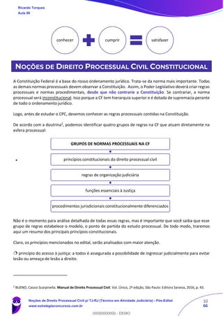 10
66
NOÇÕES DE DIREITO PROCESSUAL CIVIL CONSTITUCIONAL
A Constituição Federal é a base do nosso ordenamento jurídico. Trata-se da norma mais importante. Todas
as demais normas processuais devem observar a Constituição. Assim, o Poder Legislativo deverá criar regras
processuais e normas procedimentais, desde que não contrarie a Constituição. Se contrariar, a norma
processual será inconstitucional. Isso porque a CF tem hierarquia superior e é dotada de supremacia perante
de todo o ordenamento jurídico.
Logo, antes de estudar o CPC, devemos conhecer as regras processuais contidas na Constituição.
De acordo com a doutrina2
, podemos identificar quatro grupos de regras na CF que atuam diretamente na
esfera processual:
Não é o momento para análise detalhada de todas essas regras, mas é importante que você saiba que esse
grupo de regras estabelece o modelo, o ponto de partida do estudo processual. De todo modo, traremos
aqui um resumo dos principais princípios constitucionais.
Claro, os princípios mencionados no edital, serão analisados com maior atenção.
 princípio do acesso à justiça: a todos é assegurada a possibilidade de ingressar judicialmente para evitar
lesão ou ameaça de lesão a direito.
2
BUENO, Cassio Scarpinella. Manual de Direito Processual Civil. Vol. Único, 2ª edição, São Paulo: Editora Saraiva, 2016, p. 43.
conhecer cumprir satisfazer
GRUPOS DE NORMAS PROCESSUAIS NA CF
princípios constitucionais do direito processual civil
regras de organização judiciária
funções essenciais à Justiça
procedimentos jurisdicionais constitucionalmente diferenciados
Ricardo Torques
Aula 00
Noções de Direito Processual Civil p/ TJ-RJ (Técnico em Atividade Judiciária) - Pós-Edital
www.estrategiaconcursos.com.br
0
00000000000 - DEMO
 