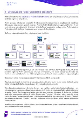 12
66
1 - Estrutura do Poder Judiciário brasileiro
A CF delineia também a estrutura do Poder Judiciário brasileiro, com a repartição da função jurisdicional a
partir das regras de competência.
Assim, quando o cidadão tem um conflito de interesses envolvendo contrato de locação saberá, a partir da
CF, que essa ação deve ser ajuizada perante o Poder Judiciário Estadual Comum. Agora, na hipótese de um
contrato versar especificamente de relação de trabalho, o ajuizamento será perante o Poder Judiciário
Federal Especial Trabalhista. Todas essas regras constam da Constituição.
De forma esquematizada confira a estrutura do Poder Judiciário:
Apenas para que conste registrado, o CNJ também está nesta estrutura. Por força do art. 92, I-A, o CNJ
constitui órgão do Poder Judiciário, de natureza administrativa, que busca fiscalizar as atividades do
Judiciário como um todo. Como não detém competência jurisdicional, deixamos de fora da esquematização.
Da estrutura acima, interessa ao estudo do Direito Processual Civil, apenas parte.
A justiça especializada tem normas processuais próprias, tal como ocorre com a Justiça Eleitoral, Justiça
Militar e Justiça do Trabalho. Nessas áreas, o CPC é aplicado subsidiariamente.
Além disso, dentro da estrutura da Justiça Comum – que engloba a Justiça Federal e a Justiça Estadual – nos
interessa apenas os processos não penais, de natureza cível. Dentro da estrutura do Poder Judiciário Comum,
a Justiça Federal ficará responsável pelos processos que envolvam interesses da União, de entidade
autárquica ou empresas públicas. À Justiça Comum cabe “o resto”. Vale dizer, tudo o que não for da
competência das “justiças especializadas” e não for da Justiça Federal ficará ao encargo da Justiça Estadual,
que possui competência residual. E se esses processos forem não-penais, serão regidos pelo Direito
Processual Civil.
No estudo da competência, destrinchamos a distribuição da atividade jurisdicional entre os diversos órgãos
que compreendem o Poder Judiciário.
STF
STJ
TJ
juízes
estaduais
TRF
juízes
federais
TSE
TRE
Juízes
Eleitorais
STM
Juiz
Auditor
Militar
TST
TRT
juízes do
trabalho
Ricardo Torques
Aula 00
Noções de Direito Processual Civil p/ TJ-RJ (Técnico em Atividade Judiciária) - Pós-Edital
www.estrategiaconcursos.com.br
0
00000000000 - DEMO
 