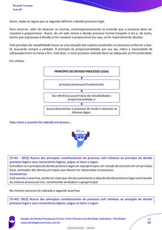 22
66
Assim, todas as regras que se seguirão definem o devido processo legal.
Para encerrar, além de observar as normas, contemporaneamente se entende que o processo deve ser
razoável e proporcional. Assim, de um lado temos o devido processo formal (respeito à lei) e, de outro,
temos que o processo é devido se for razoável e proporcional (ou seja, se for materialmente devido).
Pelo princípio da razoabilidade busca-se uma atuação dos sujeitos envolvidos no processo conforme a boa-
fé, buscando sempre a verdade. O princípio da proporcionalidade, por sua vez, indica a necessidade de
adequação entre os meios e fins. Vale dizer, o meio processo utilizado deve ser adequado ao fim pretendido.
Em síntese:
Veja como o assunto foi cobrado em provas...
(TJ-AC - 2012) Acerca dos princípios constitucionais do processo civil relativos ao princípio do devido
processo legal e seus consectários lógicos, julgue os itens a seguir.
Considera-se o princípio do devido processo legal um supraprincípio, em virtude de consistir em um princípio
base, norteador dos demais princípios que devem ser observados no processo.
Comentários
Está correta a assertiva, tendo em vista que retrata justamente a ideia do devido processo legal como basilar
do sistema processual civil, constituindo verdadeiro supraprincípio.
No mesmo concurso foi cobrada a seguinte assertiva:
(TJ-AC/ 2012) Acerca dos princípios constitucionais do processo civil relativos ao princípio do devido
processo legal e seus consectários lógicos, julgue os itens a seguir.
PRINCÍPIO DO DEVIDO PROCESSO LEGAL
princípio processual fundamental;
faz referência ao princípio da razoabilidade e
proporcionalidade; e
busca desenvolver o processo de modo a observar os
ditames legais.
Ricardo Torques
Aula 00
Noções de Direito Processual Civil p/ TJ-RJ (Técnico em Atividade Judiciária) - Pós-Edital
www.estrategiaconcursos.com.br
0
00000000000 - DEMO
 