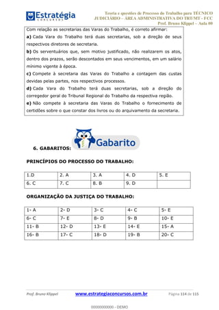 Teoria e questões de Processo do Trabalho para TÉCNICO
JUDICIÁRIO ÁREA ADMINISTRATIVA DO TRT/MT - FCC
Prof. Bruno Klippel Aula 00
Prof. Bruno Klippel www.estrategiaconcursos.com.br Página 114 de 115
Com relação as secretarias das Varas do Trabalho, é correto afirmar:
a) Cada Vara do Trabalho terá duas secretarias, sob a direção de seus
respectivos diretores de secretaria.
b) Os serventuários que, sem motivo justificado, não realizarem os atos,
dentro dos prazos, serão descontados em seus vencimentos, em um salário
mínimo vigente à época.
c) Compete à secretaria das Varas do Trabalho a contagem das custas
devidas pelas partes, nos respectivos processos.
d) Cada Vara do Trabalho terá duas secretarias, sob a direção do
corregedor geral do Tribunal Regional do Trabalho da respectiva região.
e) Não compete à secretaria das Varas do Trabalho o fornecimento de
certidões sobre o que constar dos livros ou do arquivamento da secretaria.
6. GABARITOS:
PRINCÍPIOS DO PROCESSO DO TRABALHO:
1.D 2. A 3. A 4. D 5. E
6. C 7. C 8. B 9. D
ORGANIZAÇÃO DA JUSTIÇA DO TRABALHO:
1- A 2- D 3- C 4- C 5- E
6- C 7- E 8- D 9- B 10- E
11- B 12- D 13- E 14- E 15- A
16- B 17- C 18- D 19- B 20- C
00000000000
00000000000 - DEMO
 