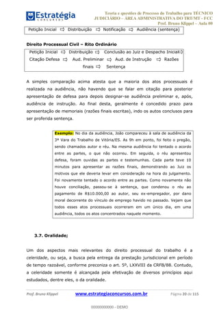 Teoria e questões de Processo do Trabalho para TÉCNICO
JUDICIÁRIO ÁREA ADMINISTRATIVA DO TRT/MT - FCC
Prof. Bruno Klippel Aula 00
Prof. Bruno Klippel www.estrategiaconcursos.com.br Página 20 de 115
Petição Inicial Distribuição Notificação Audiência (sentença)
Direito Processual Civil Rito Ordinário
Petição Inicial Distribuição Conclusão ao Juiz e Despacho Inicial
Citação Defesa Aud. Preliminar Aud. de Instrução Razões
finais Sentença
A simples comparação acima atesta que a maioria dos atos processuais é
realizada na audiência, não havendo que se falar em citação para posterior
apresentação de defesa para depois designar-se audiência preliminar e, após,
audiência de instrução. Ao final desta, geralmente é concedido prazo para
apresentação de memoriais (razões finais escritas), indo os autos conclusos para
ser proferida sentença.
Exemplo: No dia da audiência, João compareceu à sala de audiência da
3ª Vara do Trabalho de Vitória/ES. As 9h em ponto, foi feito o pregão,
sendo chamados autor e réu. Na mesma audiência foi tentado o acordo
entre as partes, o que não ocorreu. Em seguida, o réu apresentou
defesa, foram ouvidas as partes e testemunhas. Cada parte teve 10
minutos para apresentar as razões finais, demonstrando ao Juiz os
motivos que ele deveria levar em consideração na hora do julgamento.
Foi novamente tentado o acordo entre as partes. Como novamente não
houve conciliação, passou-se à sentença, que condenou o réu ao
pagamento de R$10.000,00 ao autor, seu ex-empregador, por dano
moral decorrente do vínculo de emprego havido no passado. Vejam que
todos esses atos processuais ocorreram em um único dia, em uma
audiência, todos os atos concentrados naquele momento.
3.7. Oralidade;
Um dos aspectos mais relevantes do direito processual do trabalho é a
celeridade, ou seja, a busca pela entrega da prestação jurisdicional em período
de tempo razoável, conforme preconiza o art. 5º, LXXVIII da CRFB/88. Contudo,
a celeridade somente é alcançada pela efetivação de diversos princípios aqui
estudados, dentre eles, o da oralidade.
00000000000
00000000000 - DEMO
 