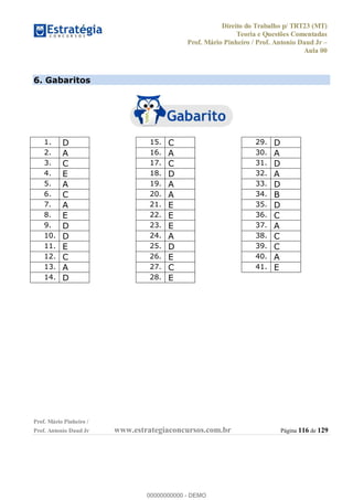 Direito do Trabalho p/ TRT23 (MT)
Teoria e Questões Comentadas
Prof. Mário Pinheiro / Prof. Antonio Daud Jr
Aula 00
Prof. Mário Pinheiro /
Prof. Antonio Daud Jr www.estrategiaconcursos.com.br Página 116 de 129
6. Gabaritos
1. D
2. A
3. C
4. E
5. A
6. C
7. A
8. E
9. D
10. D
11. E
12. C
13. A
14. D
15. C
16. A
17. C
18. D
19. A
20. A
21. E
22. E
23. E
24. A
25. D
26. E
27. C
28. E
29. D
30. A
31. D
32. A
33. D
34. B
35. D
36. C
37. A
38. C
39. C
40. A
41. E
00000000000
00000000000 - DEMO
 