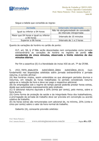 Direito do Trabalho p/ TRT23 (MT)
Teoria e Questões Comentadas
Prof. Mário Pinheiro / Prof. Antonio Daud Jr
Aula 00
Prof. Mário Pinheiro /
Prof. Antonio Daud Jr www.estrategiaconcursos.com.br Página 48 de 129
Segue a tabela que consolida as regras:
Jornada Intervalo intrajornada
Igual ou inferior a 04 horas
Não há obrigatoriedade de concessão
de intervalo intrajornada
Maior que 04 horas e igual ou inferior
a 06 horas
Intervalo de 15 minutos
Superior a 06 horas Intervalo de 1 a 2 horas
Quanto às variações de horário no cartão de ponto:
CLT, art. 58, § 1º Não serão descontadas nem computadas como jornada
extraordinária as variações de horário no registro de ponto não
excedentes de cinco minutos, observado o limite máximo de dez
minutos diários.
Por fim a assertiva (E) é a literalidade do inciso XIII do art. 7º da CF/88.
5. (FCC_TRT9_ANALISTA JUDICIÁRIO_ÁREA JUDICIÁRIA_2013) Com
fundamento nas disposições celetistas sobre jornada extraordinária e jornada
noturna, é correto afirmar:
(A) Nos horários mistos, assim entendidos os que abrangem períodos diurnos e
noturnos, em relação às horas trabalhadas no período considerado noturno
aplica-se a redução da hora e deve ser pago o respectivo adicional.
(B) Os empregados sob o regime de tempo parcial poderão prestar horas extras,
desde que autorizados expressamente pelo sindicato.
(C) O adicional noturno equivale a 30% (trinta por cento), pelo menos, sobre a
hora diurna.
(D) Como forma de proteção da saúde e da integridade física dos trabalhadores,
a prorrogação da jornada de trabalho deve ser prevista em convenção ou acordo
coletivo de trabalho.
(E) As horas extras são remuneradas com adicional de, no mínimo, 25% (vinte e
cinco por cento) sobre o valor da hora normal de trabalho.
Gabarito (A), consoante previsão celetista:
00000000000
00000000000 - DEMO
 