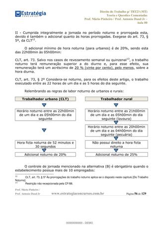 Direito do Trabalho p/ TRT23 (MT)
Teoria e Questões Comentadas
Prof. Mário Pinheiro / Prof. Antonio Daud Jr
Aula 00
Prof. Mário Pinheiro /
Prof. Antonio Daud Jr www.estrategiaconcursos.com.br Página 56 de 129
II - Cumprida integralmente a jornada no período noturno e prorrogada esta,
devido é também o adicional quanto às horas prorrogadas. Exegese do art. 73, §
5º, da CLT12
.
O adicional mínimo de hora noturna (para urbanos) é de 20%, sendo esta
das 22h00min às 05h00min:
CLT, art. 73. Salvo nos casos de revezamento semanal ou quinzenal13
, o trabalho
noturno terá remuneração superior a do diurno e, para esse efeito, sua
remuneração terá um acréscimo de 20 % (vinte por cento), pelo menos, sobre a
hora diurna.
CLT, art. 73, § 2º Considera-se noturno, para os efeitos deste artigo, o trabalho
executado entre as 22 horas de um dia e as 5 horas do dia seguinte.
Relembrando as regras de labor noturno de urbanos e rurais:
Trabalhador urbano (CLT) Trabalhador rural
Horário noturno entre as 22h00min
de um dia e as 05h00min do dia
seguinte
Horário noturno entre as 21h00min
de um dia e as 05h00min do dia
seguinte (lavoura)
Horário noturno entre as 20h00min
de um dia e as 04h00min do dia
seguinte (pecuária)
Hora ficta noturna de 52 minutos e
30 segundos
Não possui direito a hora ficta
noturna
Adicional noturno de 20% Adicional noturno de 25%
O controle de jornada mencionado na alternativa (B) é obrigatório quando o
estabelecimento possua mais de 10 empregados:
12
CLT, art. 73, § 5º Às prorrogações do trabalho noturno aplica-se o disposto neste capítulo [Do Trabalho
Noturno].
13
Restrição não recepcionada pela CF/88.
00000000000
00000000000 - DEMO
 