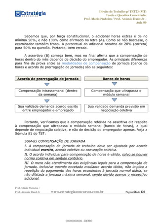 Direito do Trabalho p/ TRT23 (MT)
Teoria e Questões Comentadas
Prof. Mário Pinheiro / Prof. Antonio Daud Jr
Aula 00
Prof. Mário Pinheiro /
Prof. Antonio Daud Jr www.estrategiaconcursos.com.br Página 66 de 129
Sabemos que, por força constitucional, o adicional horas extras é de no
mínimo 50%, e não 100% como afirmado na letra (A). Como se não bastasse, o
examinador também trocou o percentual do adicional noturno de 20% (correto)
para 50% na questão. Portanto, item errado.
A assertiva (B) começa bem, mas no final afirma que a compensação de
horas dentro do mês depende de decisão do empregador. As principais diferenças
para fins de prova entre as modalidades de compensação de jornada (banco de
horas e acordo de prorrogação de jornada) são as seguintes:
Acordo de prorrogação de jornada Banco de horas
Compensação intrassemanal (dentro
da semana)
Compensação que ultrapassa o
módulo semanal
Sua validade demanda acordo escrito
entre empregador e empregado
Sua validade demanda previsão em
negociação coletiva
Portanto, verificamos que a compensação referida na assertiva diz respeito
à compensação que ultrapassa o módulo semanal (banco de horas), a qual
depende de negociação coletiva, e não de decisão do empregador apenas. Veja a
Súmula 85 do TST:
SUM-85 COMPENSAÇÃO DE JORNADA
I. A compensação de jornada de trabalho deve ser ajustada por acordo
individual escrito, acordo coletivo ou convenção coletiva.
II. O acordo individual para compensação de horas é válido, salvo se houver
norma coletiva em sentido contrário.
III. O mero não atendimento das exigências legais para a compensação de
jornada, inclusive quando encetada mediante acordo tácito, não implica a
repetição do pagamento das horas excedentes à jornada normal diária, se
não dilatada a jornada máxima semanal, sendo devido apenas o respectivo
adicional.
00000000000
00000000000 - DEMO
 