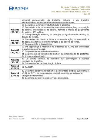 Direito do Trabalho p/ TRT23 (MT)
Teoria e Questões Comentadas
Prof. Mário Pinheiro / Prof. Antonio Daud Jr
Aula 00
Prof. Mário Pinheiro /
Prof. Antonio Daud Jr www.estrategiaconcursos.com.br Página 7 de 129
semanal remunerado; do trabalho noturno e do trabalho
extraordinário; do sistema de compensação de horas.
Aula 06
(28/11)
13 Do salário-mínimo: irredutibilidade e garantia.
15 Do salário e da remuneração: conceito e distinções; composição
do salário; modalidades de salário; formas e meios de pagamento
do salário; 13º salário.
16 Da equiparação salarial; do princípio da igualdade de salário; do
desvio de função.
Aula 07
(29/11)
14 Das férias: do direito a férias e da sua duração; da concessão e
da época das férias; da remuneração e do abono de férias.
18 Da prescrição e decadência.
Aula 08
(30/11)
19 Da segurança e medicina no trabalho: da CIPA; das atividades
insalubres ou perigosas.
20 Da proteção ao trabalho do menor.
21 Da proteção ao trabalho da mulher; da estabilidade da gestante;
da licença-maternidade.
Aula 09
(1º/12)
22 Do direito coletivo do trabalho: das convenções e acordos
coletivos de trabalho.
24 Das comissões de Conciliação Prévia.
Aula 10
(2/12)
17 Do FGTS.
Aula 11
(3/12)
22 Do direito coletivo do trabalho: da liberdade sindical (Convenção
nº 87 da OIT); da organização sindical: conceito de categoria;
categoria diferenciada.
23 Do direito de greve; dos serviços essenciais.
00000000000
00000000000 - DEMO
 