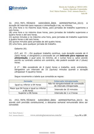 Direito do Trabalho p/ TRT23 (MT)
Teoria e Questões Comentadas
Prof. Mário Pinheiro / Prof. Antonio Daud Jr
Aula 00
Prof. Mário Pinheiro /
Prof. Antonio Daud Jr www.estrategiaconcursos.com.br Página 91 de 129
32. (FCC_TRT1_TÉCNICO JUDICIÁRIO_ÁREA ADMINISTRATIVA_2013) A
duração do intervalo para repouso e alimentação é de, no mínimo,
(A) uma hora e no máximo duas horas, para jornadas de trabalho superiores a
seis horas.
(B) uma hora e no máximo duas horas, para jornadas de trabalho superiores a
quatro horas e até seis horas.
(C) quinze minutos e no máximo uma hora, para jornadas de trabalho superiores
a quatro horas e até seis horas.
(D) quinze minutos para jornadas de até quatro horas.
(E) uma hora, para qualquer jornada de trabalho.
Gabarito (A).
CLT, art. 71 - Em qualquer trabalho contínuo, cuja duração exceda de 6
(seis) horas, é obrigatória a concessão de um intervalo para repouso ou
alimentação, o qual será, no mínimo, de 1 (uma) hora e, salvo acordo
escrito ou contrato coletivo em contrário, não poderá exceder de 2 (duas)
horas.
§ 1º - Não excedendo de 6 (seis) horas o trabalho, será, entretanto,
obrigatório um intervalo de 15 (quinze) minutos quando a duração
ultrapassar 4 (quatro) horas.
Segue novamente a tabela que consolida as regras:
Jornada Intervalo intrajornada
Igual ou inferior a 04 horas
Não há obrigatoriedade de concessão
de intervalo intrajornada
Maior que 04 horas e igual ou inferior
a 06 horas
Intervalo de 15 minutos
Superior a 06 horas Intervalo de 1 a 2 horas
33. (FCC_TRT9_TÉCNICO JUDICIÁRIO_ÁREA ADMINISTRATIVA_2013) De
acordo com previsão constitucional, o descanso semanal remunerado deve ser
concedido
00000000000
00000000000 - DEMO
 