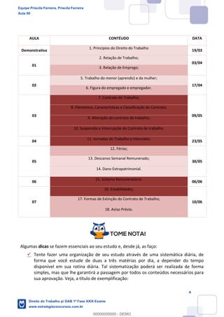 Equipe Priscila Ferreira, Priscila Ferreira
Aula 00
Direito do Trabalho p/ OAB 1ª Fase XXIX Exame
www.estrategiaconcursos.com.br
0
00000000000 - DEMO
 