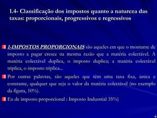 1.4- Classificação dos impostos quanto a natureza das taxas: proporcionais, progressivos e regressivos 1-IMPOSTOS PROPORCIONAIS   são aqueles em que o montante de imposto a pagar cresce na mesma razão que a matéria colectável. A matéria colectável duplica, o imposto duplica; a matéria colectável triplica, o imposto triplica... Por outras palavras, são aqueles que têm uma taxa fixa, única e constante, qualquer que seja o valor da matéria colectável (no exemplo da figura, 10%). Ex de imposto proporcional : Imposto Industrial 35%) 