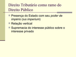 Direito Tributário como ramo do Direito Público Presença do Estado com seu  poder de império  ( ius imperium ) Relação vertical Supremacia do interesse público sobre o interesse privado 