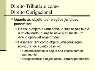 Direito Tributário como Direito Obrigacional Quanto ao objeto, as relações jurídicas podem ser: Reais: o objeto é uma coisa; o sujeito passivo é a coletividade; o sujeito ativo é titular de um direito oponível  erga omnes Pessoais: têm como objeto uma prestação (conduta) do sujeito passivo: Personalíssimos: o objeto não possui caráter patrimonial Obrigacionais: o objeto possui caráter patrimonial 