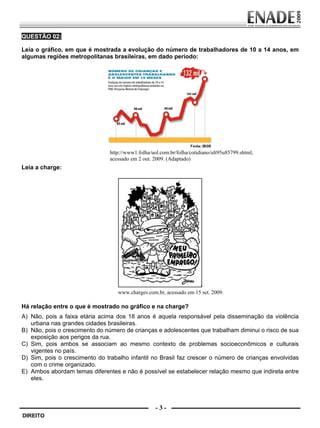 QUESTÃO 02:

        Leia o gráfico, em que é mostrada a evolução do número de trabalhadores de 10 a 14 anos, em
        algumas regiões metropolitanas brasileiras, em dado período:




                                        http://www1.folha/uol.com.br/folha/cotidiano/ult95u85799.shtml,
                                        acessado em 2 out. 2009. (Adaptado)
        Leia a charge:




                                           www.charges.com.br, acessado em 15 set. 2009.

        Há relação entre o que é mostrado no gráfico e na charge?
        A) Não, pois a faixa etária acima dos 18 anos é aquela responsável pela disseminação da violência
           urbana nas grandes cidades brasileiras.
        B) Não, pois o crescimento do número de crianças e adolescentes que trabalham diminui o risco de sua
           exposição aos perigos da rua.
        C) Sim, pois ambos se associam ao mesmo contexto de problemas socioeconômicos e culturais
           vigentes no país.
        D) Sim, pois o crescimento do trabalho infantil no Brasil faz crescer o número de crianças envolvidas
           com o crime organizado.
        E) Ambos abordam temas diferentes e não é possível se estabelecer relação mesmo que indireta entre
           eles.



                                                            -3-
         DIREITO


Prova Enade Direito.indd 3                                                                                08.10.09 18:42:58
 