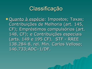 Classificação Quanto à espécie : Impostos; Taxas; Contribuições de Melhoria (art. 145, CF); Empréstimos compulsórios (art. 148, CF); e Contribuições especiais (arts. 149 e 195 CF).  STF - RREE 138.284-8, rel. Min. Carlos Velloso; 146.733;ADC–1/DF.  