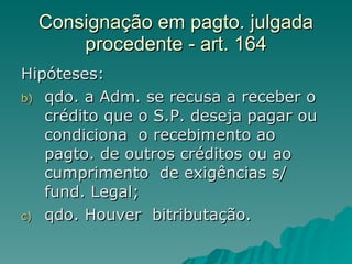 Consignação em pagto. julgada procedente - art. 164 Hipóteses:  qdo. a Adm. se recusa a receber o crédito que o S.P. deseja pagar ou condiciona  o recebimento ao pagto. de outros créditos ou ao cumprimento  de exigências s/ fund. Legal; qdo. Houver  bitributação. 