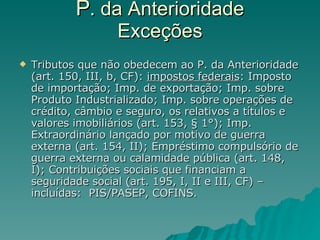 P . da Anterioridade Exceções Tributos que não obedecem ao P. da Anterioridade (art. 150, III, b, CF):  impostos federais : Imposto de importação; Imp. de exportação; Imp. sobre Produto Industrializado; Imp. sobre operações de crédito, câmbio e seguro, os relativos a títulos e valores imobiliários (art. 153, § 1°); Imp. Extraordinário lançado por motivo de guerra externa (art. 154, II); Empréstimo compulsório de guerra externa ou calamidade pública (art. 148, I); Contribuições sociais que financiam a seguridade social (art. 195, I, II e III, CF) – incluídas:  PIS/PASEP, COFINS. 