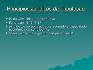 Princípios Jurídicos da Tributação   P. da Capacidade Contributiva  Fund.: art. 145, § 1° os tributos serão graduados segundo a capacidade econômica do contribuinte. “ deve pagar mais quem pode pagar mais” 