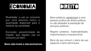 DIREITOeconomia
Bens públicos: pertencem a uma
pessoa jurídica de direito público,
ou são afetados à prestação de
serviços públicos.
!
Bens de uso comum x bens de uso
especial x bens dominicais.
!
Regime protetivo: inalienáveis,
impenhoráveis, imprescritíveis,
não-oneráveis.
Rivalidade: o uso ou consumo
por uma pessoa reduz a
quantidade disponível para o
restante da sociedade.
Exclusão: possibilidade de
impedir que alguém use ou
consuma um bem.
Bens não-rivais e não-exclusivos.
 