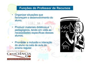 Funções do Professor de Recursos

• Organizar situações que
  favoreçam o desenvolvimento do
  aluno;

• Produzir materiais didáticos e
  pedagógicos, tendo em vista as
  necessidades específicas desses
  alunos;

• Promover a inclusão e interação
  do aluno na sala de aula do
  ensino regular.
 