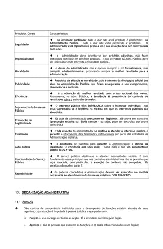 Princípios Gerais            Características

                                 na atividade particular tudo o que não está proibido é permitido; na
                             Administração Pública tudo o que não está permitido é proibido.             O
Legalidade
                             administrador está rigidamente preso à lei e sua atuação deve ser confrontada
                             com a lei.

                              o administrador deve orientar-se por critérios objetivos, não fazer
Impessoalidade               distinções com base em critérios pessoais. Toda atividade da Adm. Pública deve
                             ser praticada tendo em vista a finalidade pública.

                              o dever do administrador não é apenas cumprir a lei formalmente, mas
Moralidade                   cumprir substancialmente, procurando sempre o melhor resultado para a
                             administração.

                              Requisito da eficácia e moralidade, pois é através da divulgação oficial dos
Publicidade                  atos da Administração Pública que ficam assegurados o seu cumprimento,
                             observância e controle.

                                   é a obtenção do melhor resultado com o uso racional dos meios.
Eficiência                   Atualmente, na Adm. Pública, a tendência é prevalência do controle de
                             resultados sobre o controle de meios.

                              O interesse público têm SUPREMACIA sobre o interesse individual; Mas
Supremacia do Interesse
                             essa supremacia só é legítima na medida em que os interesses públicos são
Público
                             atendidos.

                              Os atos da Administração presumem-se legítimos, até prova em contrário
Presunção de
                             (presunção relativa ou juris tantum – ou seja, pode ser destruída por prova
Legitimidade
                             contrária.)

                              Toda atuação do administrador se destina a atender o interesse público e
Finalidade                   garantir a observância das finalidades institucionais por parte das entidades da
                             Administração Indireta.

                              a autotutela se justifica para garantir à Administração: a defesa da
Auto-Tutela                  legalidade e eficiência dos seus atos; nada mais é que um autocontrole
                             SOBRE SEUS ATOS.

                                  O serviço público destina-se a atender necessidades sociais. É com
Continuidade do Serviço      fundamento nesse princípio que nos contratos administrativos não se permite que
Público                      seja invocada, pelo particular, a exceção do contrato não cumprido. Os
                             serviços não podem parar !

                              Os poderes concedidos à Administração devem ser exercidos na medida
Razoabilidade
                             necessária ao atendimento do interesse coletivo, SEM EXAGEROS.




13. ORGANIZAÇÃO ADMINISTRATIVA

13.1. ÓRGÃOS

       São centros de competência instituídos para o desempenho de funções estatais através de seus
        agentes, cuja atuação é imputada à pessoa jurídica a que pertencem.

        •    Função = é o encargo atribuído ao órgão. É a atividade exercida pelo órgão.

        •    Agentes = são as pessoas que exercem as funções, e os quais estão vinculados a um órgão;
 