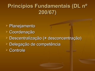 Princípios Fundamentais (DL nºPrincípios Fundamentais (DL nº
200/67)200/67)
 PlanejamentoPlanejamento
 CoordenaçãoCoordenação
 Descentralização (≠ desconcentração)Descentralização (≠ desconcentração)
 Delegação de competênciaDelegação de competência
 ControleControle
 