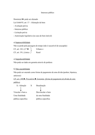 Interesse público
Dominical ► pode ser alienado
Lei 8.666/93, art. 17 – Alienação de bens
- Avaliação prévia
- Interesse público
- Licitação prévia
- Autorização legislativa (no caso de bem imóvel)
a) Imprescritibilidade
Não se perde pela passagem do tempo (não é suscetível de usucapião)
CF, art. 183, § 3º ► Urbano e
CF, art. 191, § único Rural
a) Impenhorabilidade
Não pode ser dado em garantia através de penhora
b) Não-onerabilidade
Não pode ser onerado como forma de pagamento de uma dívida (penhor, hipoteca,
anticrese)
CF, art. 100 ► Precatório ► Isonomia (forma de pagamento de dívida do ente
público)
5) Afetação X Desafetação
Vincular o bem a Desvincular o bem
Uma finalidade de uma finalidade
pública específica pública específica
 