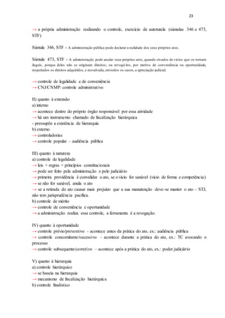 23
→ a própria administração realizando o controle, exercício de autotutela (súmulas 346 e 473,
STF)
Súmula 346, STF - A administração pública pode declarar a nulidade dos seus próprios atos.
Súmula 473, STF - A administração pode anular seus próprios atos, quando eivados de vícios que os tornam
ilegais, porque deles não se originam direitos; ou revogá-los, por motivo de conveniência ou oportunidade,
respeitados os direitos adquiridos, e ressalvada, emtodos os casos, a apreciação judicial.
→ controle de legalidade e de conveniência
→ CNJ/CNMP: controle administrativo
II) quanto à extensão
a) interno
→ acontece dentro do próprio órgão responsável por essa atividade
→ há um instrumento chamado de fiscalização hierárquica
- pressupõe a existência de hierarquia
b) externo
→ controladorias
→ controle popular – audiência pública
III) quanto à natureza
a) controle de legalidade
→ leis + regras + princípios constitucionais
→ pode ser feito pela administração e pelo judiciário
→ primeira providência é convalidar o ato, se o vício for sanável (vício de forma e competência)
→ se não for sanável, anula o ato
→ se a retirada do ato causar mais prejuízo que a sua manutenção deve-se manter o ato – STJ,
não tem jurisprudência pacífica.
b) controle de mérito
→ controle de conveniência e oportunidade
→ a administração realiza esse controle, a ferramenta é a revogação.
IV) quanto à oportunidade
→ controle prévio/preventivo - acontece antes da prática do ato, ex.: audiência pública
→ controle concomitante/sucessivo – acontece durante a prática do ato, ex.: TC avocando o
processo
→ controle subsequente/corretivo – acontece após a prática do ato, ex.: poder judiciário
V) quanto à hierarquia
a) controle hierárquico
→ se baseia na hierarquia
→ mecanismo de fiscalização hierárquica
b) controle finalístico
 