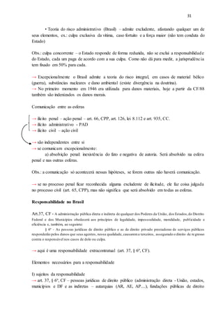 31
• Teoria do risco administrativo (Brasil) – admite excludente, afastando qualquer um de
seus elementos, ex.: culpa exclusiva da vítima, caso fortuito e a força maior (não tem conduta do
Estado)
Obs.: culpa concorrente – o Estado responde de forma reduzida, não se exclui a responsabilidade
do Estado, cada um paga de acordo com a sua culpa. Como não dá para medir, a jurisprudência
tem fixado em 50% para cada.
→ Excepcionalmente o Brasil admite a teoria do risco integral, em casos de material bélico
(guerra), substâncias nucleares e dano ambiental (existe divergência na doutrina).
→ No primeiro momento em 1946 era utilizada para danos materiais, hoje a partir da CF/88
também são indenizados os danos morais.
Comunicação entre as esferas
→ ilícito penal – ação penal – art. 66, CPP, art. 126, lei 8.112 e art. 935, CC.
→ ilícito administrativo - PAD
→ ilícito civil – ação civil
→ são independentes entre si
→ se comunicam excepcionalmente:
a) absolvição penal: inexistência do fato e negativa de autoria. Será absolvido na esfera
penal e nas outras esferas.
Obs.: a comunicação só acontecerá nessas hipóteses, se forem outras não haverá comunicação.
→ se no processo penal ficar reconhecida alguma excludente de ilicitude, ele faz coisa julgada
no processo civil (art. 65, CPP), mas não significa que será absolvido em todas as esferas.
Responsabilidade no Brasil
Art.37, CF - A administração pública direta e indireta de qualquer dos Poderes da União, dos Estados,do Distrito
Federal e dos Municípios obedecerá aos princípios de legalidade, impessoalidade, moralidade, publicidade e
eficiência e, também, ao seguinte:
§ 6º - As pessoas jurídicas de direito público e as de direito privado prestadoras de serviços públicos
responderão pelos danos que seus agentes, nessa qualidade, causarema terceiros, assegurado o direito de regresso
contra o responsável nos casos de dolo ou culpa.
→ aqui é uma responsabilidade extracontratual (art. 37, § 6º, CF).
Elementos necessários para a responsabilidade
I) sujeitos da responsabilidade
→ art. 37, § 6º, CF – pessoas jurídicas de direito público (administração direta - União, estados,
municípios e DF e as indiretas – autarquias (AR, AE, AP....), fundações públicas de direito
 