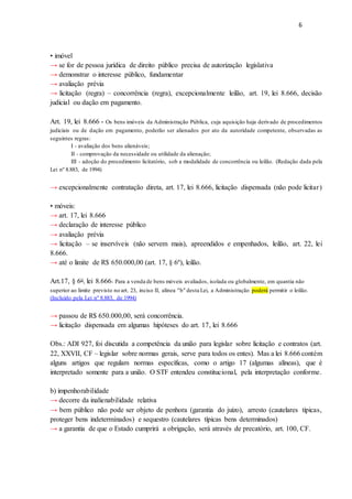 6
• imóvel
→ se for de pessoa jurídica de direito público precisa de autorização legislativa
→ demonstrar o interesse público, fundamentar
→ avaliação prévia
→ licitação (regra) – concorrência (regra), excepcionalmente leilão, art. 19, lei 8.666, decisão
judicial ou dação em pagamento.
Art. 19, lei 8.666 - Os bens imóveis da Administração Pública, cuja aquisição haja derivado de procedimentos
judiciais ou de dação em pagamento, poderão ser alienados por ato da autoridade competente, observadas as
seguintes regras:
I - avaliação dos bens alienáveis;
II - comprovação da necessidade ou utilidade da alienação;
III - adoção do procedimento licitatório, sob a modalidade de concorrência ou leilão. (Redação dada pela
Lei nº 8.883, de 1994)
→ excepcionalmente contratação direta, art. 17, lei 8.666, licitação dispensada (não pode licitar)
• móveis:
→ art. 17, lei 8.666
→ declaração de interesse público
→ avaliação prévia
→ licitação – se inservíveis (não servem mais), apreendidos e empenhados, leilão, art. 22, lei
8.666.
→ até o limite de R$ 650.000,00 (art. 17, § 6º), leilão.
Art.17, § 6o, lei 8.666- Para a venda de bens móveis avaliados, isolada ou globalmente, em quantia não
superior ao limite previsto no art. 23, inciso II, alínea "b" desta Lei, a Administração poderá permitir o leilão.
(Incluído pela Lei nº 8.883, de 1994)
→ passou de R$ 650.000,00, será concorrência.
→ licitação dispensada em algumas hipóteses do art. 17, lei 8.666
Obs.: ADI 927, foi discutida a competência da união para legislar sobre licitação e contratos (art.
22, XXVII, CF – legislar sobre normas gerais, serve para todos os entes). Mas a lei 8.666 contém
alguns artigos que regulam normas específicas, como o artigo 17 (algumas alíneas), que é
interpretado somente para a união. O STF entendeu constitucional, pela interpretação conforme.
b) impenhorabilidade
→ decorre da inalienabilidade relativa
→ bem público não pode ser objeto de penhora (garantia do juízo), arresto (cautelares típicas,
proteger bens indeterminados) e sequestro (cautelares típicas bens determinados)
→ a garantia de que o Estado cumprirá a obrigação, será através de precatório, art. 100, CF.
 