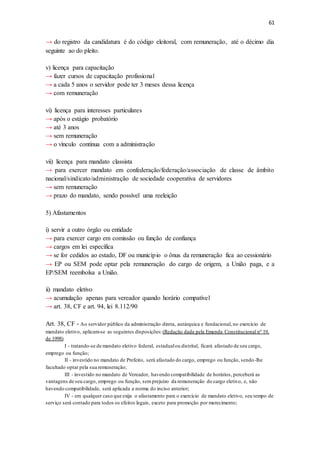 61
→ do registro da candidatura é do código eleitoral, com remuneração, até o décimo dia
seguinte ao do pleito.
v) licença para capacitação
→ fazer cursos de capacitação profissional
→ a cada 5 anos o servidor pode ter 3 meses dessa licença
→ com remuneração
vi) licença para interesses particulares
→ após o estágio probatório
→ até 3 anos
→ sem remuneração
→ o vínculo continua com a administração
vii) licença para mandato classista
→ para exercer mandato em confederação/federação/associação de classe de âmbito
nacional/sindicato/administração de sociedade cooperativa de servidores
→ sem remuneração
→ prazo do mandato, sendo possível uma reeleição
5) Afastamentos
i) servir a outro órgão ou entidade
→ para exercer cargo em comissão ou função de confiança
→ cargos em lei específica
→ se for cedidos ao estado, DF ou município o ônus da remuneração fica ao cessionário
→ EP ou SEM pode optar pela remuneração do cargo de origem, a União paga, e a
EP/SEM reembolsa a União.
ii) mandato eletivo
→ acumulação apenas para vereador quando horário compatível
→ art. 38, CF e art. 94, lei 8.112/90
Art. 38, CF - Ao servidor público da administração direta, autárquica e fundacional, no exercício de
mandato eletivo, aplicam-se as seguintes disposições:(Redação dada pela Emenda Constitucional nº 19,
de 1998)
I - tratando-se de mandato eletivo federal, estadualou distrital, ficará afastado de seu cargo,
emprego ou função;
II - investido no mandato de Prefeito, será afastado do cargo, emprego ou função, sendo-lhe
facultado optar pela sua remuneração;
III - investido no mandato de Vereador, havendo compatibilidade de horários, perceberá as
vantagens de seu cargo, emprego ou função, semprejuízo da remuneração do cargo eletivo, e, não
havendo compatibilidade, será aplicada a norma do inciso anterior;
IV - em qualquer caso que exija o afastamento para o exercício de mandato eletivo, seu tempo de
serviço será contado para todos os efeitos legais, exceto para promoção por merecimento;
 