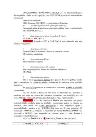 CONCEITO DOUTRINÁRIO DE AUTARQUIAS: são pessoas jurídicas de
direito público criadas por lei específica com AUTONOMIA gerencial, orçamentária e
patrimonial.
Espécies de autarquias:
OBS: Autarquia é GÊNERO e possui várias espécies/tipo.
a) Autarquias fundacionais (fundações públicas):
Criadas pela afetação legal de um patrimônio público a uma certa finalidade.
EX: PROCON, FUNAI...
b) Autarquias corporativas (conselhos de classe)
EX: CREA, CRM, CRECI
ATENÇÃO: Segundo o STF a OAB NÃO é uma autarquia mas uma
entidade “sui generis”.
c) Autarquias especiais
Pressupõe MAIOR autonomia do que as autarquias comuns.
EX: agências reguladoras
d) Autarquias geográficas
São os territórios federais.
e) Autarquias comuns (de serviço)
Tem o regime jurídico normal das entidades autárquicas.
EX: INSS
f) Autarquias associativas
São as novas associações públicas (são pessoas de direito público criadas
após a celebração de consórcio público (celebração de contrato) pelas entidades
federativas.
As associações pertencem a administração indireta de TODAS as entidades
consorciadas.
EX: Se a União, o Estado de São Paulo e o Município de Guarulhos se
reunirem para criar um museu dos Mamonas Assassinas esta associação será ao
MESMO tempo pertencente a União, ao Estado de São Paulo e ao Município.
ATENÇÃO: A lei dos consórcios TINHA um dispositivo que previa
responsabilidade solidária entre as entidades consorciadas quanto as dívidas do
consórcio, mas houve um VETO presidencial a esse dispositivo agora a
responsabilidade passou a ser SUBSIDIÁRIA (tem um devedor principal) (A
associação é PRINCIPAL devedora)- o credor tem que acionar PRIMIREIRAMENTE a
associação e DEPOIS, caso necessário, no exemplo acima a União, Estados e
Municípios (entes federativos).
FUNDAÇÃO PÚBLICA é ≠ de FUNDAÇÃO GOVERNAMENTAL
-FUNDAÇÃO PÚBLICA -FUNDAÇÃO
 