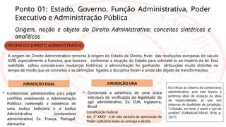 há críticas ao sistema de contencioso
administrativo, pois este levaria à
pretensa ideia de violação da ideia
de imparcialidade, já que nos
sistemas de dualidade de jurisdição,
“o Estado, em tese, é parte e juiz do
conflito” (CARVALHO FILHO, 2016, p.
1077)
Ponto 01: Estado, Governo, Função Administrativa, Poder
Executivo e Administração Pública
Origem, noção e objeto do Direito Administrativo: conceitos sintéticos e
analíticos
A origem do Direito Administrativo remonta à origem do Estado de Direito, fruto das revoluções europeias do século
XVIII, especialmente a francesa, que buscava conformar a atuação do Estado para submetê-lo ao império da lei. Essa
realidade sofreu consideráveis mudanças históricas, a administração foi ganhando atribuições muito distintas no
tempo de modo que os conceitos e as definições ligados à disciplina foram e ainda são objeto de transformações.
JURISDIÇÃO DUAL JURISDIÇÃO UNA
ORIGEM DO DIREITO ADMINISTRATIVO
 Contencioso administrativo para julgar
conflitos envolvendo a Administração
Pública): contempla a existência de
uma Justiça Judiciária e a Justiça
Administrativa (contencioso
administrativo) Ex: França, Portugal,
Alemanha
 Contempla a existência de uma única
estrutura de verificação da legalidade do
agir administrativo. Ex: EUA, Inglaterra,
Brasil
Constituição Federal
Art. 5º XXXV - a lei não excluirá da apreciação do
Poder Judiciário lesão ou ameaça a direito
 