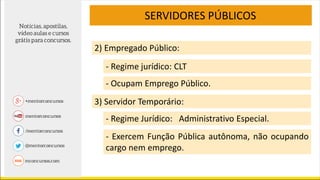 SERVIDORES PÚBLICOS
2) Empregado Público:
- Regime jurídico: CLT
- Ocupam Emprego Público.
3) Servidor Temporário:
- Regime Jurídico: Administrativo Especial.
- Exercem Função Pública autônoma, não ocupando
cargo nem emprego.
 
