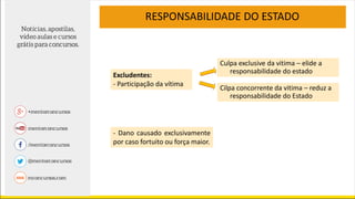 RESPONSABILIDADE DO ESTADO
Excludentes:
- Participação da vítima
Culpa exclusive da vitima – elide a
responsabilidade do estado
Cilpa concorrente da vitima – reduz a
responsabilidade do Estado
- Dano causado exclusivamente
por caso fortuito ou força maior.
 