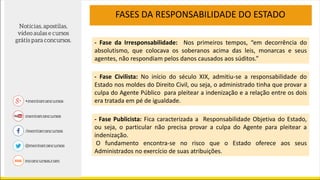 FASES DA RESPONSABILIDADE DO ESTADO
- Fase da Irresponsabilidade: Nos primeiros tempos, “em decorrência do
absolutismo, que colocava os soberanos acima das leis, monarcas e seus
agentes, não respondiam pelos danos causados aos súditos.”
- Fase Civilista: No início do século XIX, admitiu-se a responsabilidade do
Estado nos moldes do Direito Civil, ou seja, o administrado tinha que provar a
culpa do Agente Público para pleitear a indenização e a relação entre os dois
era tratada em pé de igualdade.
- Fase Publicista: Fica caracterizada a Responsabilidade Objetiva do Estado,
ou seja, o particular não precisa provar a culpa do Agente para pleitear a
indenização.
O fundamento encontra-se no risco que o Estado oferece aos seus
Administrados no exercício de suas atribuições.
 