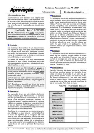Assistente Administrativo da PF e PRF
Teletransmitido Direito Administrativo
Atualizada 16/09/2009 Neste curso os melhores alunos estão sendo preparados pelos melhores Professores24
5. Invalidação dos Atos
A administração pode desfazer seus próprios atos
por considerações de mérito e de legalidade. Don-
de se dizer que a Administração controla seus pró-
prios atos em toda plenitude. A doutrina moderna
traz cinco formas de invalidação dos atos adminis-
trativos.
I nvalidação - Lei n.º 9.784/1999
Art. 53. A Administração deve anular seus próprios
atos, quando eivados de vício de legalidade, e pode
revogá-los por motivo de conveniência ou oportu-
nidade, respeitados os direitos adquiridos.
Anulação
É a declaração de invalidade de um ato administra-
tivo ilegítimo e ilegal, feita pela própria Administra-
ção ou pelo Poder Judiciário. Baseia-se, portanto,
em razões de legitimidade ou legalidade, diversa-
mente da revogação, que se funda em motivos de
conveniência ou de oportunidade.
Os efeitos da anulação dos atos administrativos
retroagem às suas origens, invalidando as conse-
qüências passadas, presentes e futuras do ato anu-
lado. É o efeito ex tunc.
Art. 54. O direito da Administração de anular os
atos administrativos de que decorram efeitos favo-
ráveis para os destinatários decai em cinco anos,
contados da data em que foram praticados, salvo
comprovada má-fé.
§ 1° No caso de efeitos patrimoniais contínuos, o
prazo de decadência contar-se-á da percepção do
primeiro pagamento.
§ 2° Considera-se exercício do direito de anular
qualquer medida de autoridade administrativa que
importe impugnação à validade do ato.
Revogação
É a supressão de um ato administrativo legítimo e
eficaz, realizada pela Administração - e somente
por ela - por não ser mais conveniente a sua exis-
tência. Toda revogação pressupõe, portanto, um
ato legal e perfeito, mas inconveniente ao interesse
público. A revogação funda-se no poder discricioná-
rio de que dispõe a Administração para rever sua
atividade interna e encaminhá-la adequadamente à
realização de seus fins específicos.
Os efeitos da revogação de um ato administrativo
não retroagem às suas origens - o chamado efeito
ex nunc. Isto significa que a revogação só surte
efeito a partir da sua declaração, através de outro
ato administrativo que revogará o ato inconveniente
para a administração pública. Há o entendimento
de que só é possível e revogação de atos discricio-
nários, tendo em vista o principio da Segurança
Jurídica.
Caducidade
É a supressão de um ato administrativo legítimo e
eficaz por lapso temporal ou por alteração de legis-
lação, o que geralmente acontece de forma auto-
mática. Podemos citar, por exemplo, a invalidação
de uma licença haja vista ter expirado o seu prazo
de validade. O outro exemplo de caducidade origi-
na-se quando uma legislação superveniente gera
perda de efeitos jurídicos da antiga norma que res-
paldava a prática daquele ato. Diógenes Gasparini
define que “a retirada funda-se no advento de nova
legislação que impede a permanência da situação
anteriormente consentida”. Ocorre, por exemplo, a
permissão de uso de um bem público é cancelada
devido ao advento de uma nova lei editada que
proíbe tal uso privativo por particulares. Assim,
podemos afirmar que tal permissão caducou. Tem
efeito ex nunc.
Cassação
É a supressão de um ato administrativo legítimo e
eficaz por uso indevido, ou seja, desvio do objeto
para qual o ato foi emitido. Podemos citar, por e-
xemplo, a cassação de uma licença de funciona-
mento, haja vista o detentor do documento não
cumpriu as regras estabelecidas pela administração
pública. Tem efeito ex nunc.
Contraposição
Também chamada por alguns autores de "derruba-
da", porque acontece quando um ato deixa de ser
válido em virtude da emissão de um outro ato que
gerou efeitos opostos ao seu. São atos que possu-
em efeitos contrapostos e, por isso, não podem
existir ao mesmo tempo. Exemplo clássico é a exo-
neração de um servidor que aniquila os efeitos do
ato de nomeação. Tem efeito ex nunc.
Resumo | I nvalidação dos Atos
Competência Motivo
ANULAÇÃO
Efeito: ex tunc
REVOGAÇÃO
Efeito: ex nunc
CASSAÇÃO
Efeito: ex nunc
CADUCIDADE
Efeito: ex nunc
CONTRAPOSIÇÃO
Efeito: ex nunc
 