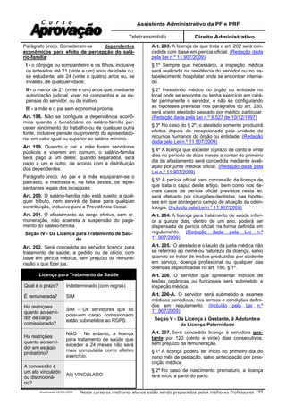 Assistente Administrativo da PF e PRF
Teletransmitido Direito Administrativo
Atualizada 16/09/2009 Neste curso os melhores alunos estão sendo preparados pelos melhores Professores 95
Parágrafo único. Consideram-se dependentes
econômicos para efeito de percepção do salá-
rio-família:
I - o cônjuge ou companheiro e os filhos, inclusive
os enteados até 21 (vinte e um) anos de idade ou,
se estudante, até 24 (vinte e quatro) anos ou, se
inválido, de qualquer idade;
II - o menor de 21 (vinte e um) anos que, mediante
autorização judicial, viver na companhia e às ex-
pensas do servidor, ou do inativo;
III - a mãe e o pai sem economia própria.
Art. 198. Não se configura a dependência econô-
mica quando o beneficiário do salário-família per-
ceber rendimento do trabalho ou de qualquer outra
fonte, inclusive pensão ou provento da aposentado-
ria, em valor igual ou superior ao salário-mínimo.
Art. 199. Quando o pai e mãe forem servidores
públicos e viverem em comum, o salário-família
será pago a um deles; quando separados, será
pago a um e outro, de acordo com a distribuição
dos dependentes.
Parágrafo único. Ao pai e à mãe equiparam-se o
padrasto, a madrasta e, na falta destes, os repre-
sentantes legais dos incapazes.
Art. 200. O salário-família não está sujeito a qual-
quer tributo, nem servirá de base para qualquer
contribuição, inclusive para a Previdência Social.
Art. 201. O afastamento do cargo efetivo, sem re-
muneração, não acarreta a suspensão do paga-
mento do salário-família.
Seção IV - Da Licença para Tratamento de Saú-
de
Art. 202. Será concedida ao servidor licença para
tratamento de saúde, a pedido ou de ofício, com
base em perícia médica, sem prejuízo da remune-
ração a que fizer jus.
Licença para Tratamento de Saúde
Qual é o prazo? Indeterminado (com regras)
É remunerada? SIM
Há restrições
quanto ao servi-
dor de cargo
comissionado?
SIM - Os servidores que só
possuem cargo comissionado
estão submetidos ao RGPS.
Há restrições
quanto ao servi-
dor em estágio
probatório?
NÃO - No entanto, a licença
para tratamento de saúde que
exceder a 24 meses não será
mais computada como efetivo
exercício.
A concessão é
um ato vinculado
ou discricioná-
rio?
Ato VINCULADO
Art. 203. A licença de que trata o art. 202 será con-
cedida com base em perícia oficial. (Redação dada
pela Lei n.º 11.907/2009)
§ 1º Sempre que necessário, a inspeção médica
será realizada na residência do servidor ou no es-
tabelecimento hospitalar onde se encontrar interna-
do.
§ 2º Inexistindo médico no órgão ou entidade no
local onde se encontra ou tenha exercício em cará-
ter permanente o servidor, e não se configurando
as hipóteses previstas nos parágrafos do art. 230,
será aceito atestado passado por médico particular.
(Redação dada pela Lei n.º 9.527 de 10/12/1997)
§ 3º No caso do § 2º, o atestado somente produzirá
efeitos depois de recepcionado pela unidade de
recursos humanos do órgão ou entidade. (Redação
dada pela Lei n.º 11.907/2009)
§ 4º A licença que exceder o prazo de cento e vinte
dias no período de doze meses a contar do primeiro
dia de afastamento será concedida mediante avali-
ação por junta médica oficial. (Redação dada pela
Lei n.º 11.907/2009)
§ 5º A perícia oficial para concessão da licença de
que trata o caput deste artigo, bem como nos de-
mais casos de perícia oficial previstos nesta lei,
será efetuada por cirurgiões-dentistas, nas hipóte-
ses em que abranger o campo de atuação da odon-
tologia. (Incluído pela Lei n.º 11.907/2009)
Art. 204. A licença para tratamento de saúde inferi-
or a quinze dias, dentro de um ano, poderá ser
dispensada de perícia oficial, na forma definida em
regulamento. (Redação dada pela Lei n.º
11.907/2009)
Art. 205. O atestado e o laudo da junta médica não
se referirão ao nome ou natureza da doença, salvo
quando se tratar de lesões produzidas por acidente
em serviço, doença profissional ou qualquer das
doenças especificadas no art. 186, § 1º.
Art. 206. O servidor que apresentar indícios de
lesões orgânicas ou funcionais será submetido a
inspeção médica.
Art. 206-A. O servidor será submetido a exames
médicos periódicos, nos termos e condições defini-
dos em regulamento. (Incluído pela Lei n.º
11.907/2009)
Seção V - Da Licença à Gestante, à Adotante e
da Licença-Paternidade
Art. 207. Será concedida licença à servidora ges-
tante por 120 (cento e vinte) dias consecutivos,
sem prejuízo da remuneração.
§ 1º A licença poderá ter início no primeiro dia do
nono mês de gestação, salvo antecipação por pres-
crição médica.
§ 2º No caso de nascimento prematuro, a licença
terá início a partir do parto.
 