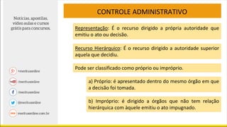 CONTROLE ADMINISTRATIVO
Representação: É o recurso dirigido a própria autoridade que
emitiu o ato ou decisão.
Recurso Hierárquico: É o recurso dirigido a autoridade superior
aquela que decidiu.
Pode ser classificado como próprio ou impróprio.
a) Próprio: é apresentado dentro do mesmo órgão em que
a decisão foi tomada.
b) Impróprio: é dirigido a órgãos que não tem relação
hierárquica com àquele emitiu o ato impugnado.
 